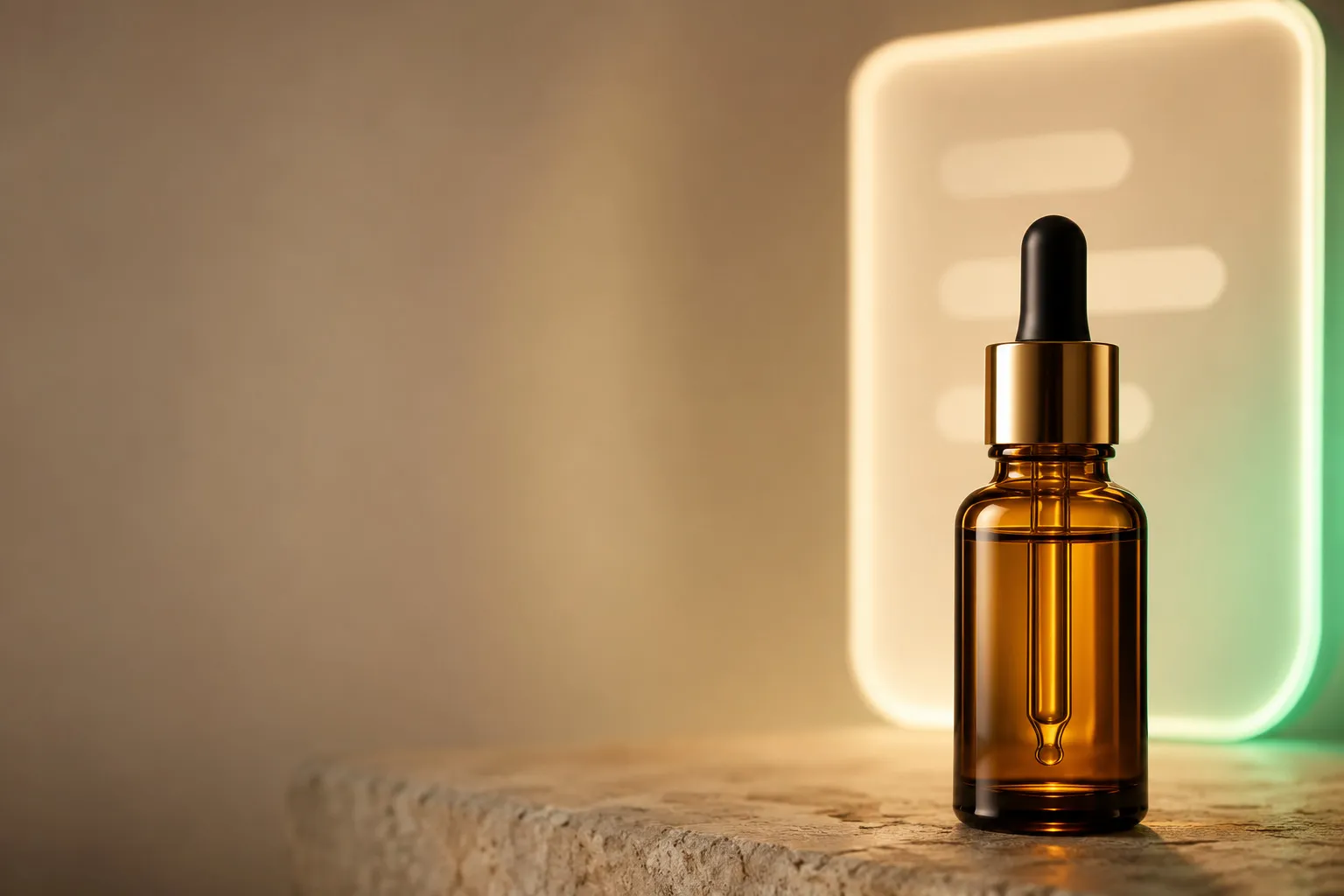 Amber glass serum dropper bottle on a stone ledge beside a glowing chat panel showing three message lines